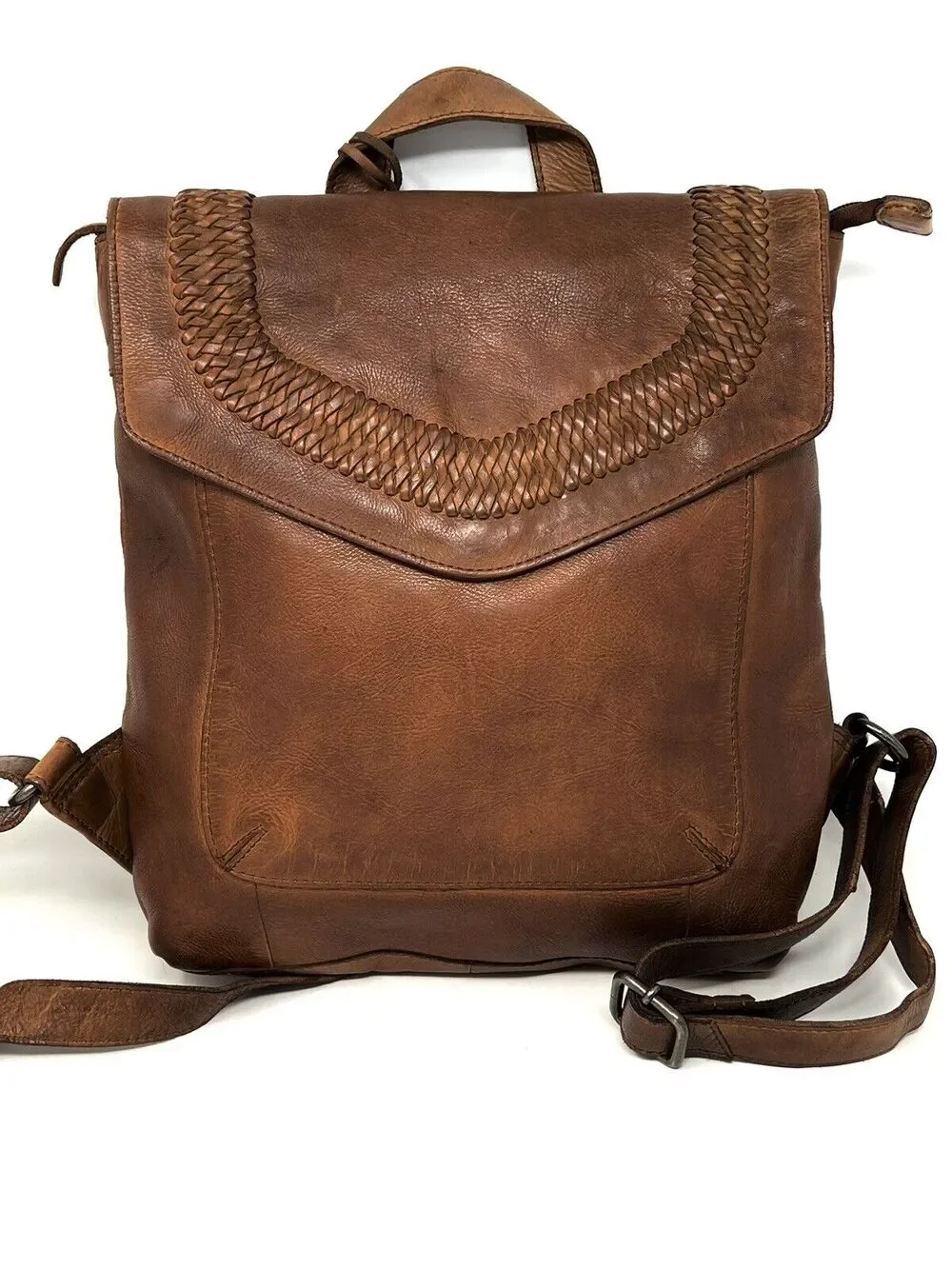 Vilenca Holland Backpack Distressed Leather Woven Trim TK 228 Cognac Brown NWT